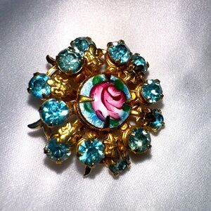 Vintage Victorian Style Yellow Gold Tone Guilloche Enameled Floral Design